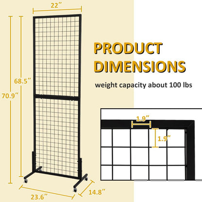 OUDUCK 1.8' x 5.7' Grid Wall Panels Standing Wire Grid, Display Rack with T-Base Wheels Freestanding Gridwall Panel Tower for Shows, Black
