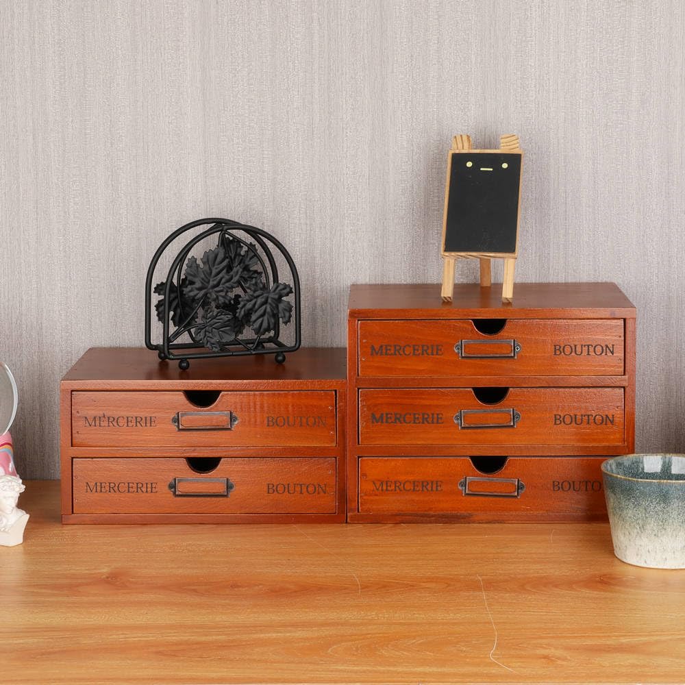 PACKGILO Wooden Storage Box Rustic Desktop Organizer with 3 Drawers Office Desk Accessories Shelf Small Craft Storage Containers Apothecary Cabinet and Chest Jewelry Holder for women(BROWN)