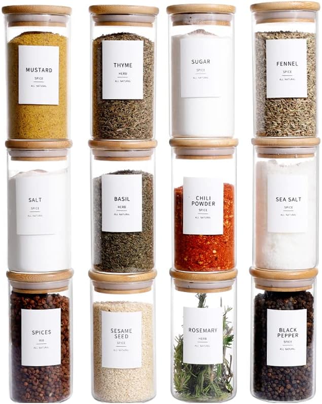 12 8oz Thicken(2.4mm) 148 Pcs Glass Spice Jars With Bamboo Airtight Lids, Spice Containers With Minimalist Preprinted