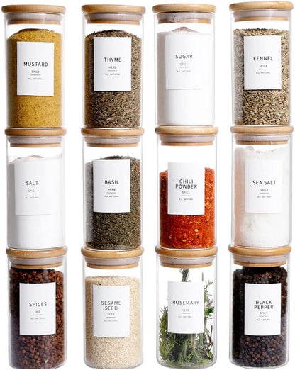 12 8oz Thicken(2.4mm) 148 Pcs Glass Spice Jars With Bamboo Airtight Lids, Spice Containers With Minimalist Preprinted