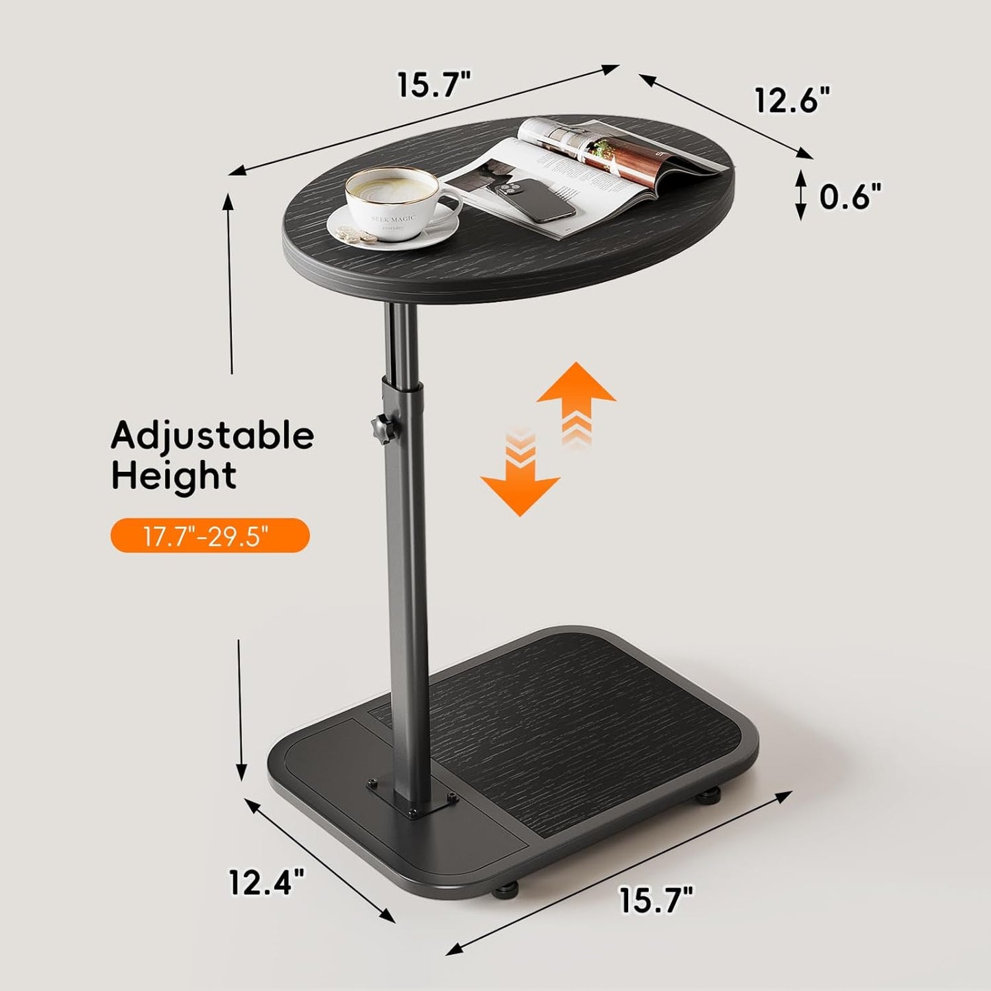 TV Tray Table with Infinite Adjustable Height - C-Shaped Sofa End Side Table for Snack Laptop Desk Small Spaces (Black)