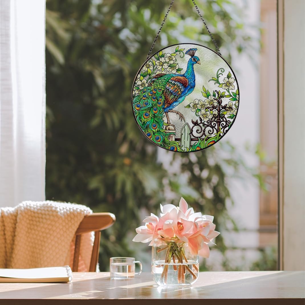 Peacock Stained Glass Suncatcher: Hand-Painted Window Wall Hanging Decor Ornament 6.5''*6.5'' for Home Garden Gift