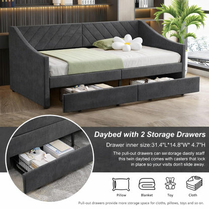Arhomefurni Upholstered Twin Size Daybed with Two Storage Drawers, Twin Leatherair Sofa Bed Daybed with Wood Slat Support,No Box Spring Needed (Dark Grey)