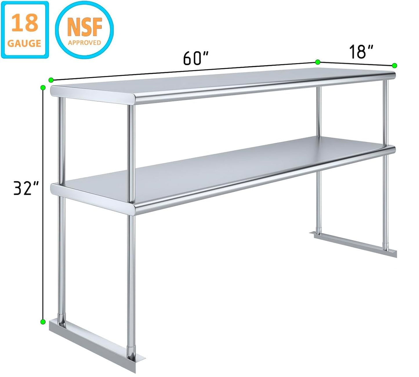 Express KitchQuip NSF Certified 18 Gauge Heavy Duty Stainless Steel Double overshelf with Brackets for Kitchens, Utility Rooms, Storage, Offices & Home