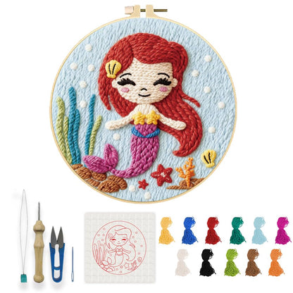 INFUNLY Mermaids Punch Needle Kit Round 8.7" DIY Embroidery Punch Needle Set for Adult Fairy Tales Punches Stitching Starter Kits with Easy to Follow Instruction Yarns Fabric Festival Gift Home Decor