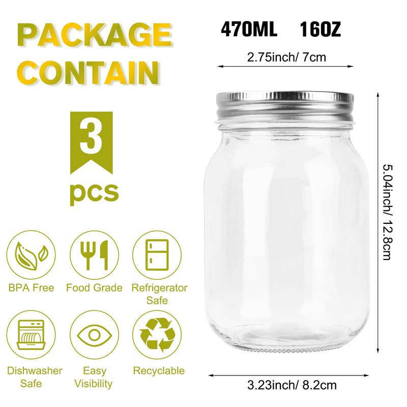 ODDMUCK Glass Mason Jars, 3 Pack 16oz Clear Glass Regular Mouth Canning Jars with Lids for Sealing, Ideal for Food Storage, Snacks, Candies, Jam, Honey, Wedding Favors, Shower Favors, DIY Projects