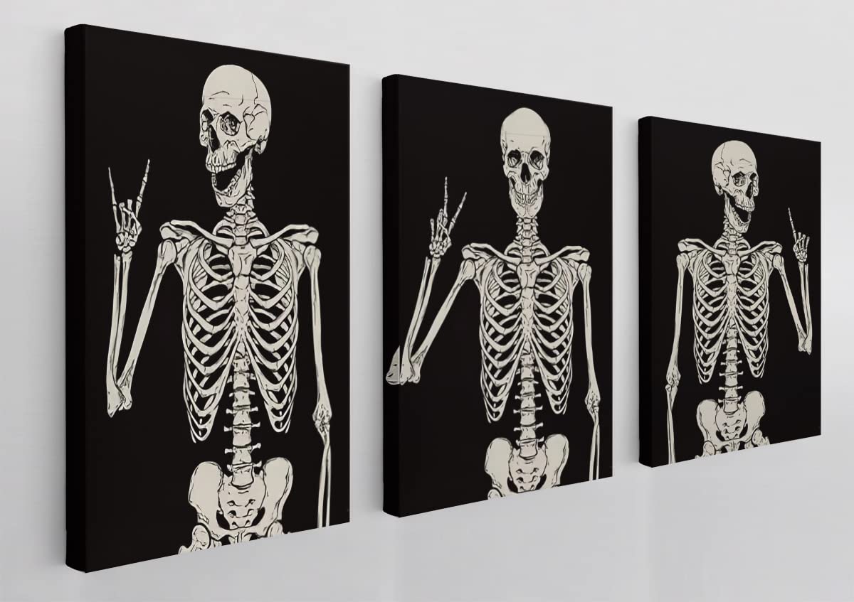 Gothic Skull Skeleton Rock and Roll Victory Hippie Posing Wall Art Canvas - Farmhouse Theme 11x14 Inch Prints (Set of 3) for Home Bedroom Decor - Gift for Gothic Lovers, Halloween