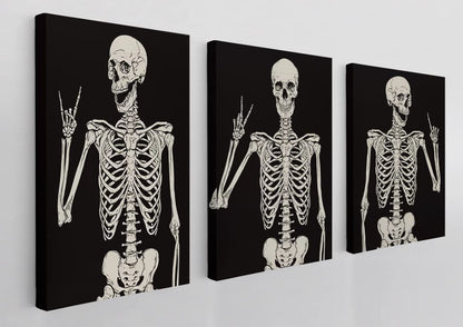Gothic Skull Skeleton Rock and Roll Victory Hippie Posing Wall Art Canvas - Farmhouse Theme 11x14 Inch Prints (Set of 3) for Home Bedroom Decor - Gift for Gothic Lovers, Halloween