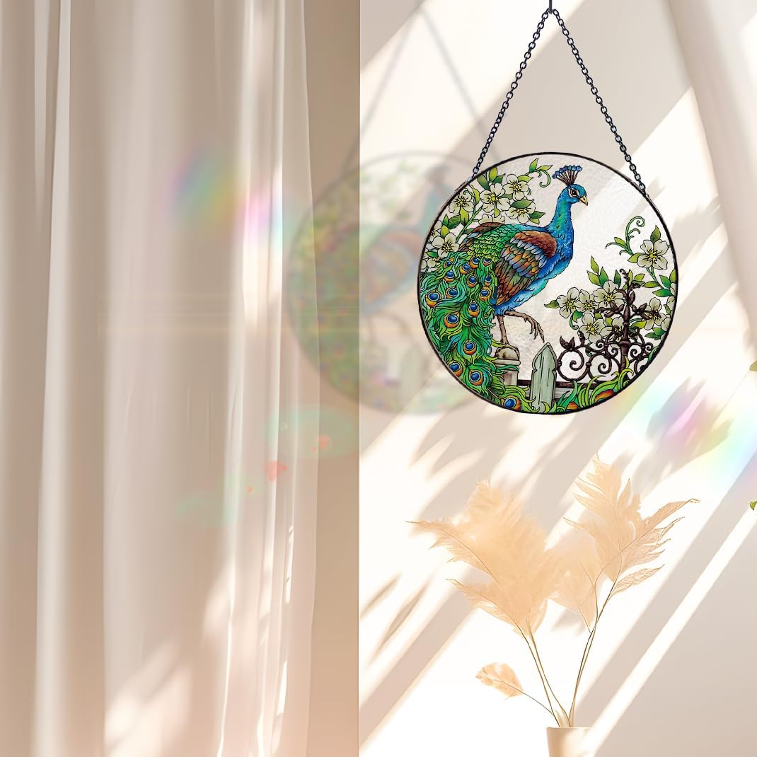 Peacock Stained Glass Suncatcher: Hand-Painted Window Wall Hanging Decor Ornament 6.5''*6.5'' for Home Garden Gift