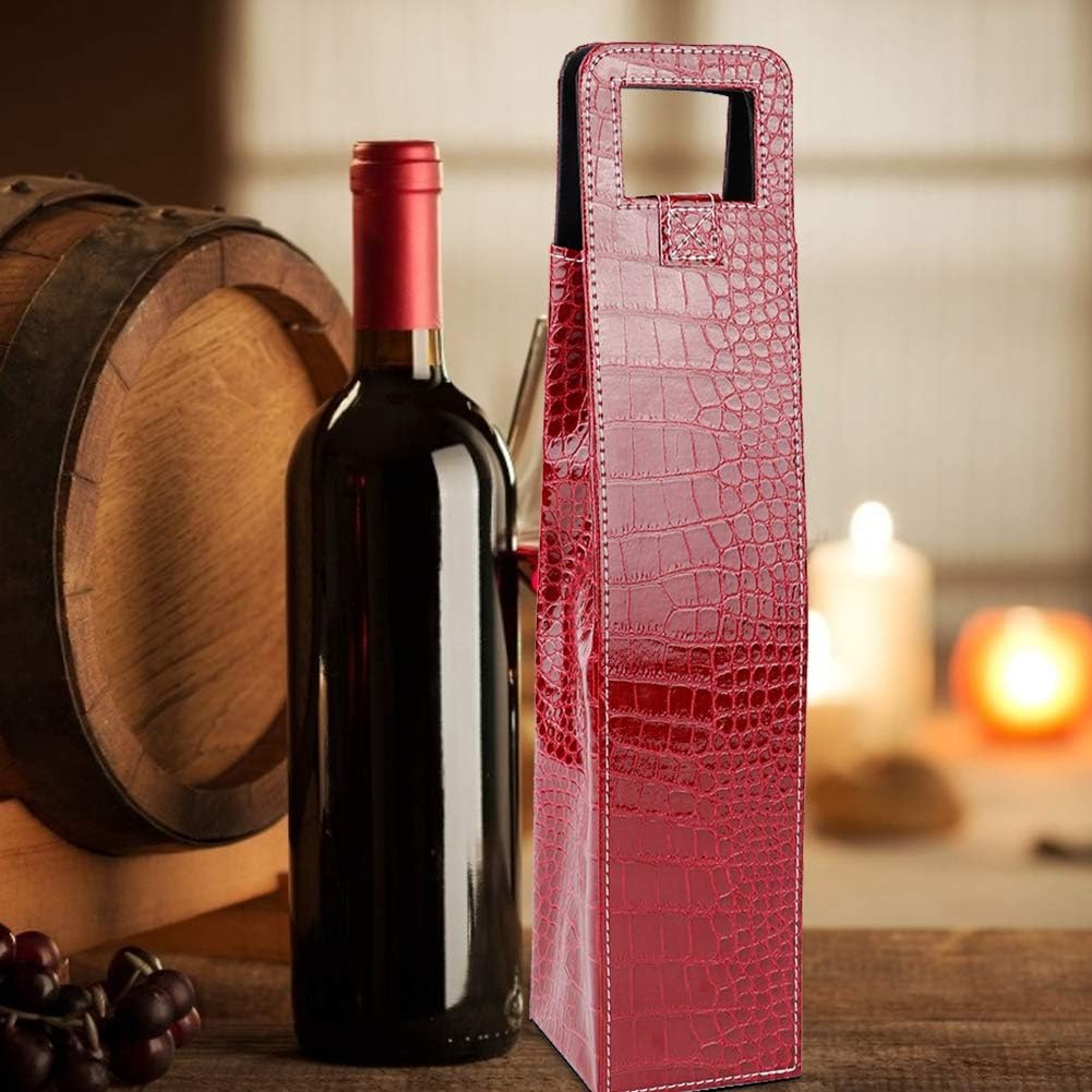 Wine Tote Bag, 1 Bottle PU Reusable Leather Insulated Carrier for Champagne, Beer Gift Bags (Red)