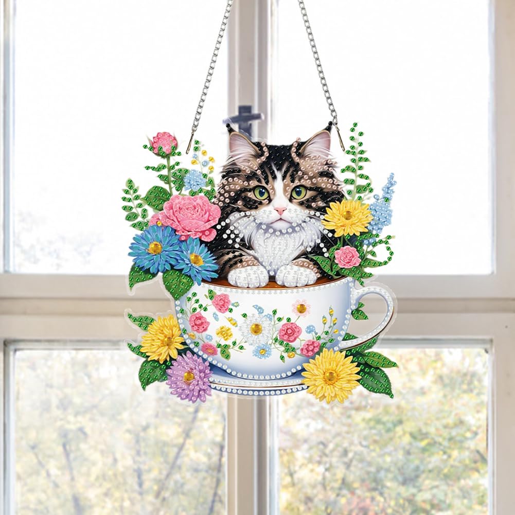 POETRYDRAW DIY Hanging Diamond Art Pendant Kit Flower Cup Cat, Special Crystal Acrylic Diamonds Painting Ornament for Adults, 5D Diamond Art Suncatchers Gem Painting Box Kit