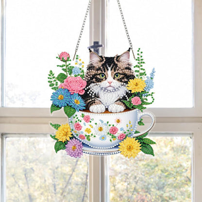 POETRYDRAW DIY Hanging Diamond Art Pendant Kit Flower Cup Cat, Special Crystal Acrylic Diamonds Painting Ornament for Adults, 5D Diamond Art Suncatchers Gem Painting Box Kit