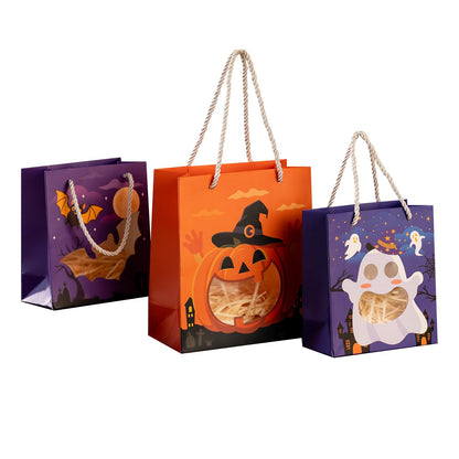 CcXxMming 30 PCS Halloween Treat Bags with Handles and Raffia Grass, 3 Designs Pumpkin Ghost Bat, Small & Medium Sizes, Halloween Candy Goodie Bags with Transparent Window, Party Favor Bags（Medium）