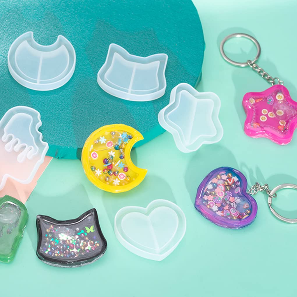 FineInno 9Pcs Resin Shaker Molds,Kawaii Quicksand Epoxy Casting Mold,Cat Animal Silicone Mold with 3 Sheets Film DIY Pendant Jewelry Decoration Craft