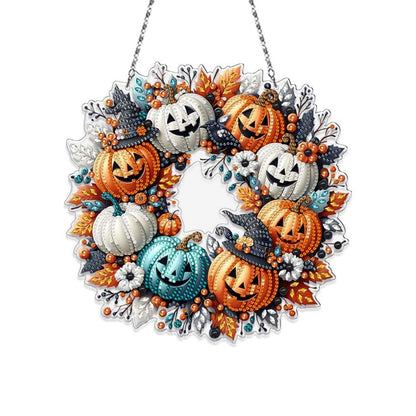 Yimofy Halloween Pumpkin Wreath Diamond Art Hanging Kits for Adults, DIY Double Sided Diamond Painting Ornament with Chain for Halloween Home Door Wall Window Decor (Pumpkin Wreath)
