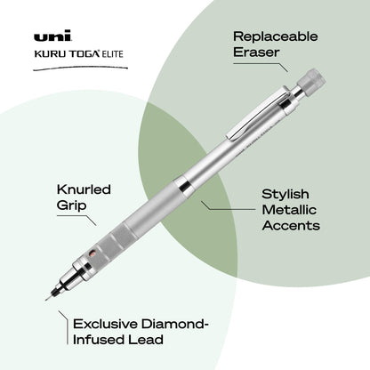 Uniball Kuru Toga Elite Mechanical Pencil Starter Kit with Silver Barrel and 0.5mm Tip; 60 Lead Refills; and 5 Pencil Eraser Refills; HB #2; Office Supplies; School Supplies; Drafting