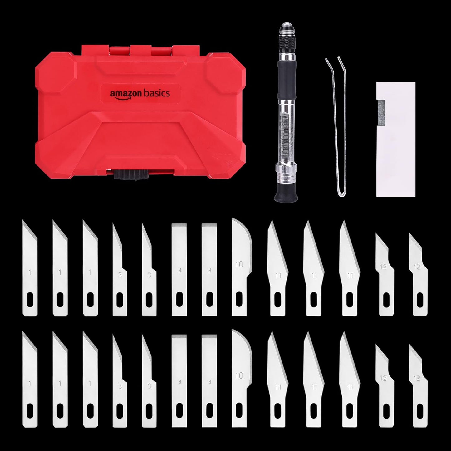 Amazon Basics 29-Piece Precision Hobby Knife Set with Razor-Sharp Blades, Modeling Tools, Anti-Slip Rubber Grip, Black, Silver, Red