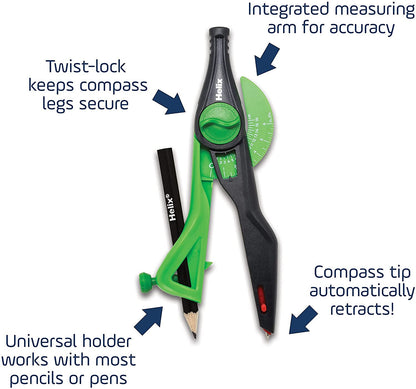 Helix Geometry Tool Set – Locking Compass, Protractor, and 360° Angle & Circle Maker with Integrated Templates – Precision Drawing & Measuring Kit for Students and Professionals