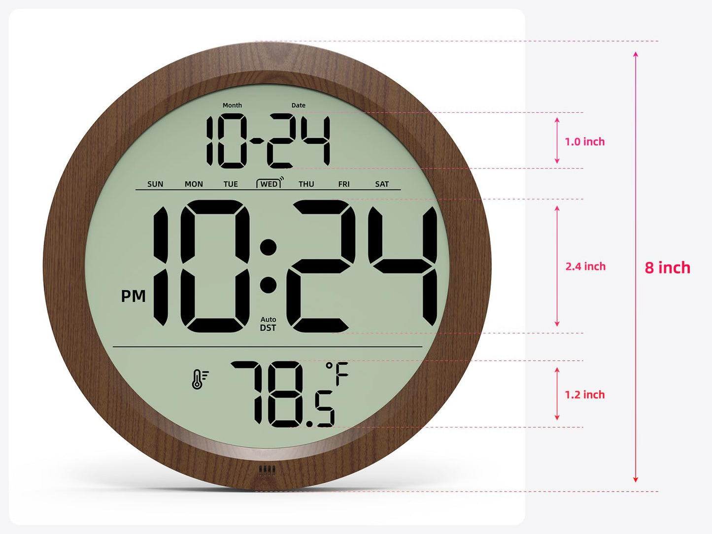 Digital Wall Clock Battery-Operated, 8 Inch Small Decorative Modern Wood Wall Clock with Date, Temperature, Auto-DST, Silent Electric Wall Clock for Bedroom, Living Room, Kitchen, Office, Farmhouse