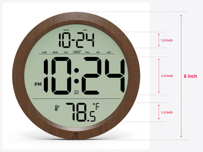 Digital Wall Clock Battery-Operated, 8 Inch Small Decorative Modern Wood Wall Clock with Date, Temperature, Auto-DST, Silent Electric Wall Clock for Bedroom, Living Room, Kitchen, Office, Farmhouse