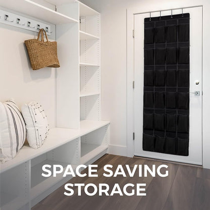HOME GENIE Over the Door Hanging Shoe Organizer, 2 Pack - 24 Breathable Mesh Pockets, Black Closet Rack Storage
