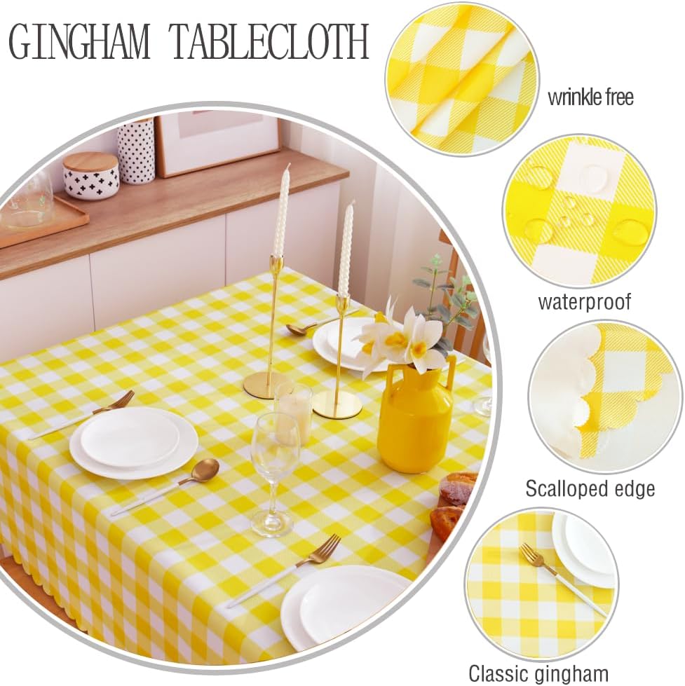 MANGATA CASA 2PCS Yellow Gingham Tablecloth, Waterproof Checkered Table Cloth for Square Tables, Light Yellow 52x52in