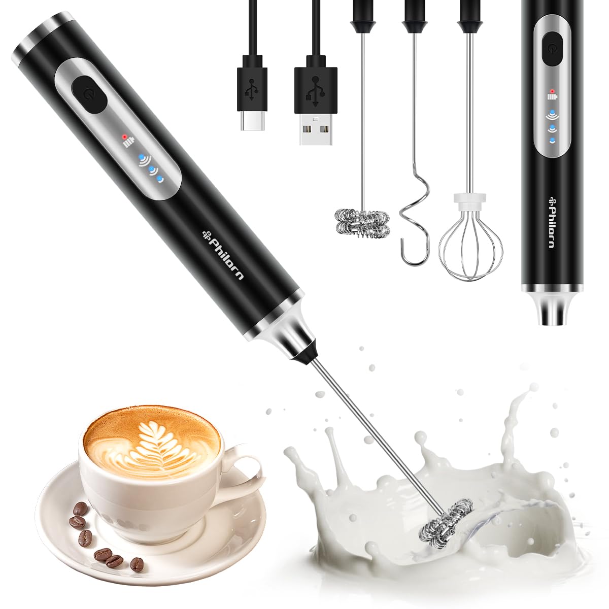Philorn Milk Frother Wand Rechargeable, Handheld Coffee Drink Mixer Frother Foam Maker with 3 Heads 3 Speed for Lattes, Cappuccino, Frappe, Matcha, Hot Chocolate Egg Black (Black)