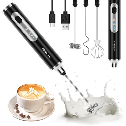 Philorn Milk Frother Wand Rechargeable, Handheld Coffee Drink Mixer Frother Foam Maker with 3 Heads 3 Speed for Lattes, Cappuccino, Frappe, Matcha, Hot Chocolate Egg Black (Black)