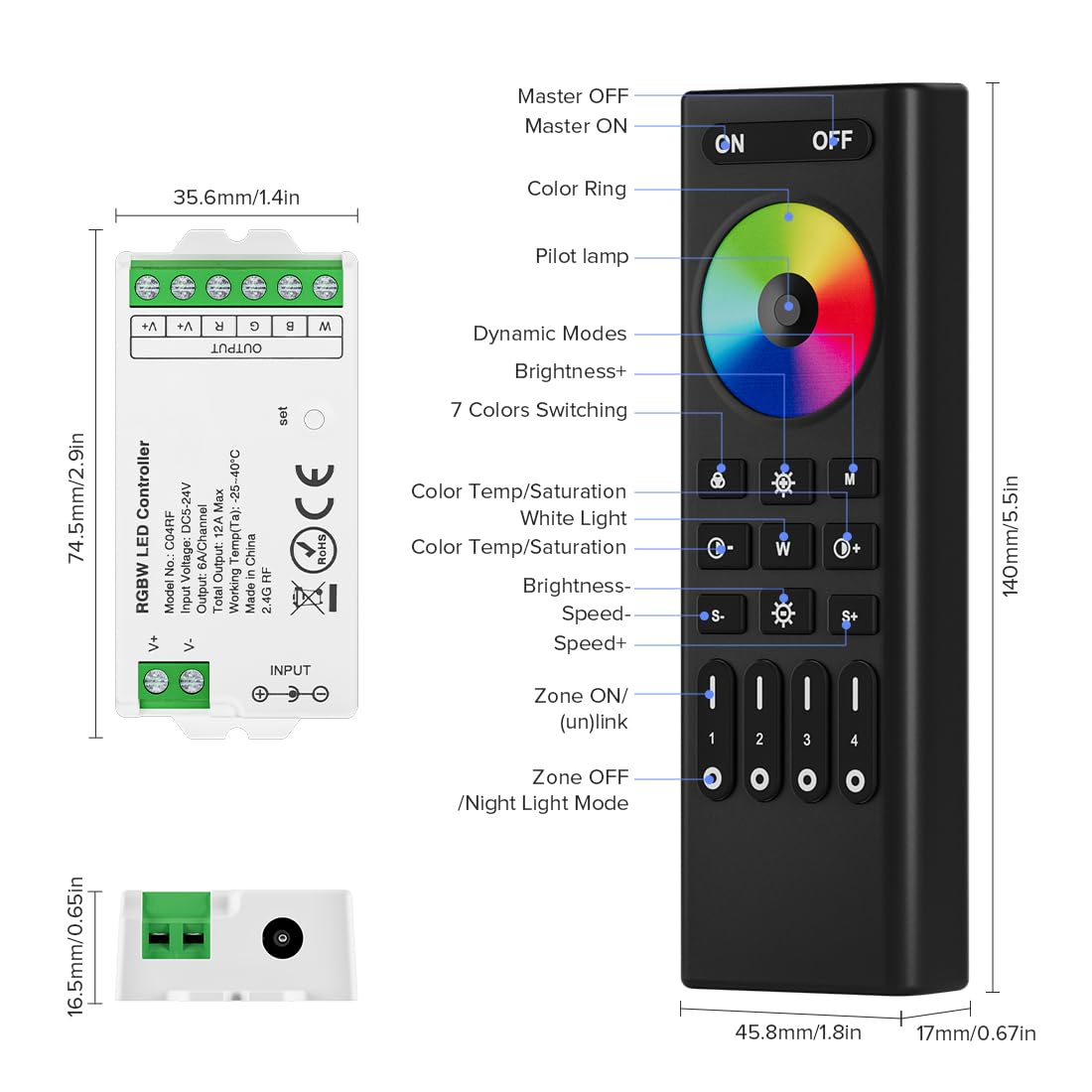 BTF-LIGHTING 5050SMD FCOB COB Dimming RF 2.4GHz Wireless Remote RC01RFB &4PCS C01RF Tuya Controller Kit 4 Zones Group Control PWM Single Color (+V -V) 2pin LED Neon Rope Light DC5V DC12V DC24V