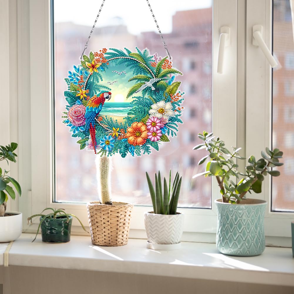 C'eitura DIY Acrylic Beach Flower Parrots Diamond Painting Kit, 5D Special Shape Drill Ocean Art for Home Decor, Unique Summer Gift，Relaxing DIY Craft Kit for Adults & Teens