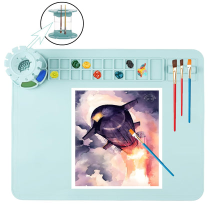 Patpot Silicone Craft Mat, 20"x 16"Painting mat Palette for Resin Casting Mold Mat, Nonstick Craft Sheet with Removable Cleaning Water Cup for Painting, Clay, Art, DIY Projects (Blue)