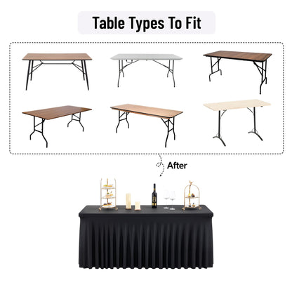 leegleri 4 Pack Black Spandex Table Cloths for 6 Foot Rectangle Tables, Wrinkle Free Stretch Fitted Tablecloths 6ft, Black Banquet Tablecloth with Skirt for Parties Weddings Birthday