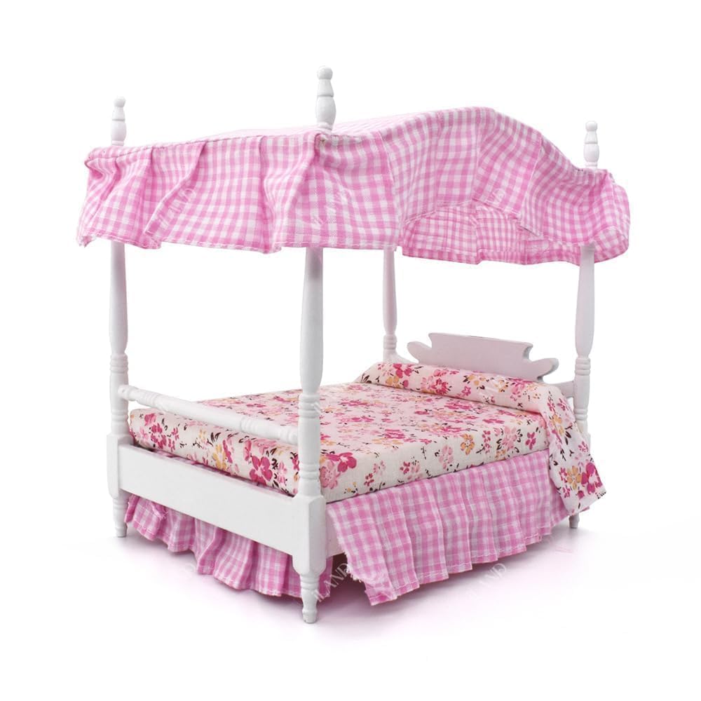iLAND Dollhouse Furniture Bedroom Set Doll House Mini Bed for Dolls Wooden Miniature Furniture with 1 12 Scale Accessories Pink Dollhouse Accessories Decor