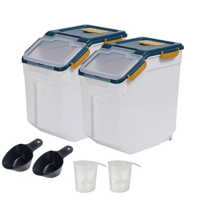 Qiveno Large Flour Storage Container Bin 25Lb, 2Pack Airtight Rice Storage Containers with Wheels Seal Locking Lid, BPA Free with Measuring Cup&Scoop for Flour, Rice, Grain(Blue)