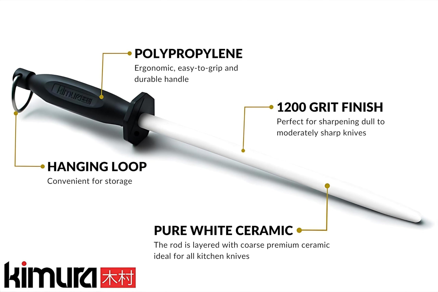 Kimura Professional Ceramic Honing Rod, 10 inch Honing Steel, Ceramic Knife Sharpener, 1200 Grit Finish, Ergonomic & Balanced Polypropylene Handle, Ideal for All Chef Knives, Japanese Gift Box