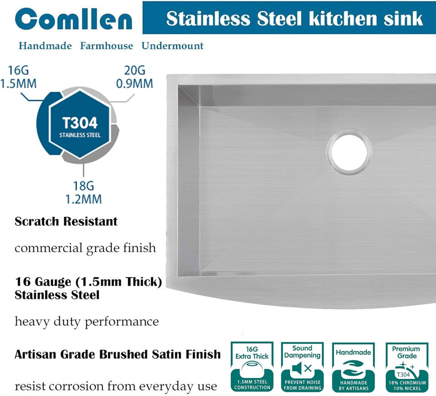 Comllen Commercial 30x20 Inch 304 Stainless Steel Farmhouse Sink, Single Bowl Kitchen Sinks 16 Gauge 9 Inch Deep Handmade Undermount Farm Apron Front Kitchen Sink
