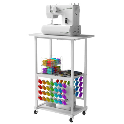 Rolling Craft Table with 56 Spools Thread Holder, 3 Storage Shelves, Portable Sewing Cabinet for Embroidery Machine, Craft Cart Organizer, White