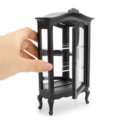 Miniature Furniture Display Shelf 1:12 Wooden Cabinet with Mirror & Three Shelves Bookshelf Dollhouse Display Stand Decoration Accessories Mini Diningroom Scene Ornaments (Black)