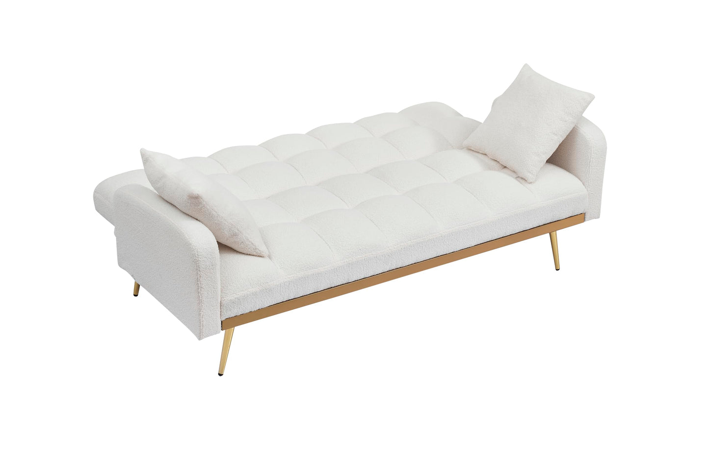 Convertible Futon Loveseat Couch Reversible Loveseat Folding Daybed Guest Bed, Tufted Teddy Fleece Upholstered Convertible Sleeper Sofa Bed with Golden Metal Legs and 2 Pillows for Living Room Office