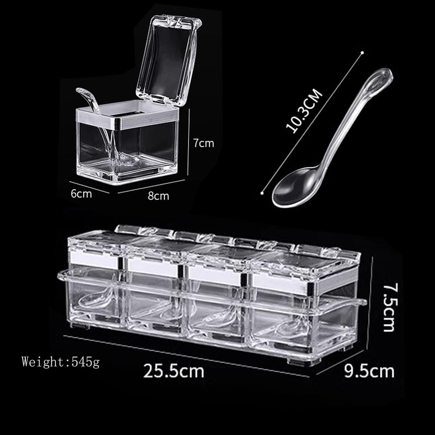 TENTA KITCHEN Gourmet Acrylic Seasoning Box - Premium Quality Pure Acrylic Container and Case- 18/8 Stainless Steel Ring - 4 Serving Spoons -Luxurious Condiment Cruet Bottle, Spice Jar Set