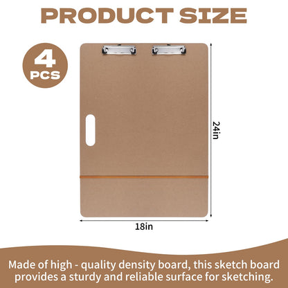 4 PCS 18” x 24” Drawing Board, Large Hardboard Artist Sketch Tote Board with Handle, Clip & Rubber Band, Portable Lightweight Art Board for Painting, Sketching, Travel, Studio