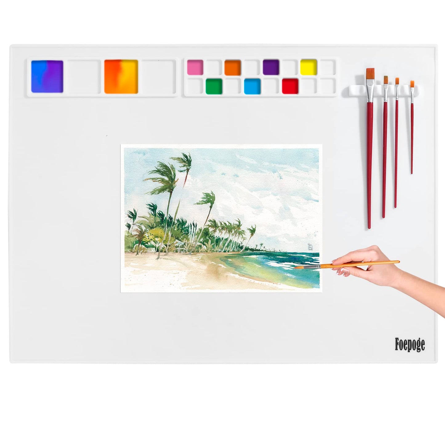 31.5" x 23.6" Extra Large Silicone Craft Mat for Table, Silicon Art Mat with 16 Paint Palette, 4 Color Mixing Grids & 5 Brush Holder, Multifunction Silicone Painting Matt for Crafts by Fogpoge, White