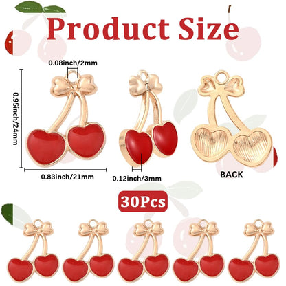 SUNNYCLUE 1 Box 30Pcs Enamel Fruits Charms Bulk Red Cherry Charm Gold Alloy Bowknot Design Mini Cute Food Cartoon Cherries Pendants for Jewelry Making Bracelets Necklace Earring DIY Crafts Accessories