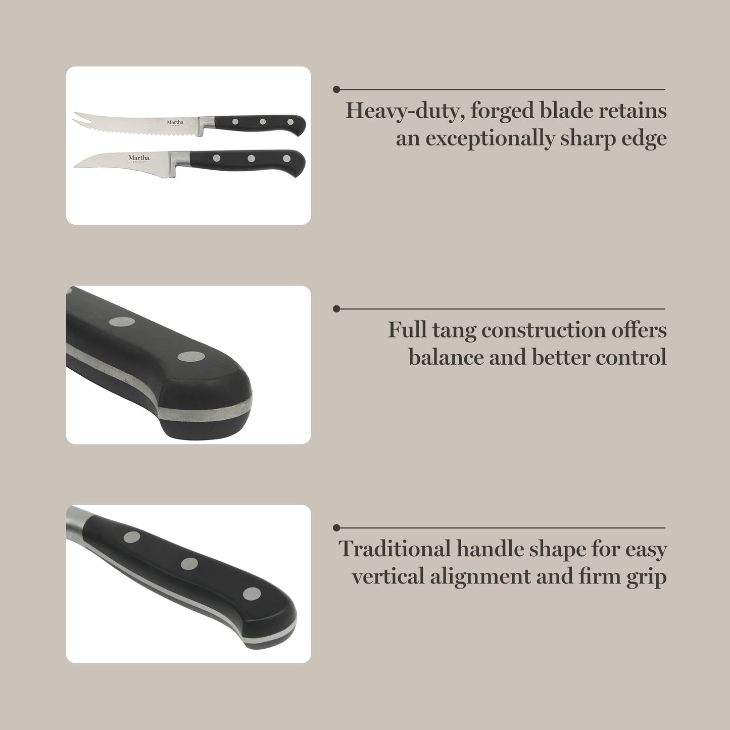 Martha Stewart Carverton 2 Piece Set 5" Tomato Knife and 3" Bird's Beak Knife Set, High Carbon Stainless Steel Kitchen Knives w/Black Triple Riveted Handle