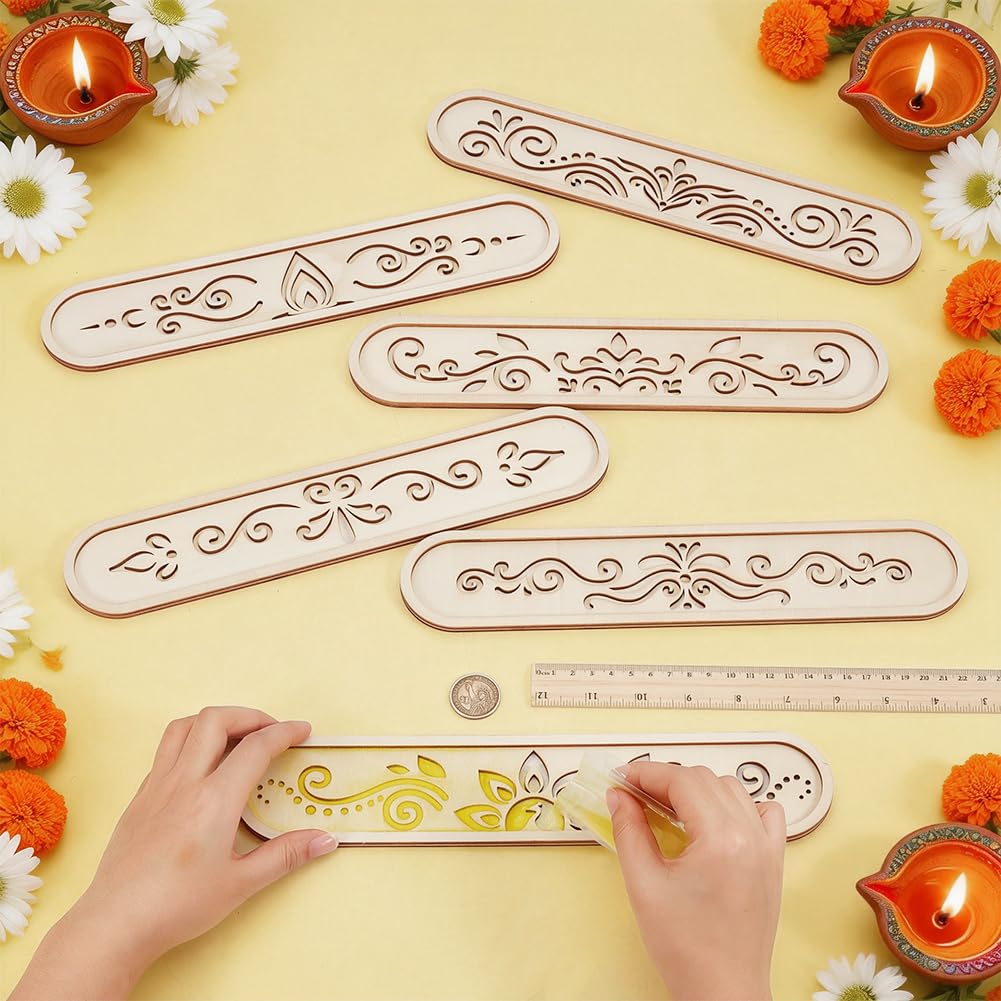 BENECREAT 6 Pack Wooden Diwali Rangoli Stencils for Painting, 6 Styles Mandala Stencils for Home Decor DIY Art Projects, 11.8x2.4 Inch