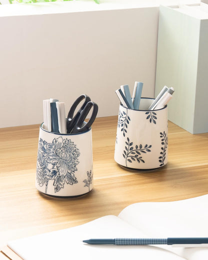 Magclay Pencil Holder for Desk, Ceramic Pen Holder, Blue and White Chinoiserie Desk Pen Organizer, Flowers and Branches