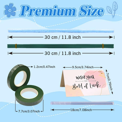 300Pieces Blue Pipe Cleaners Flower Kit with 20 Floral Wires, Floral Tape etc, Fluffy Blue Green Pipe Cleaners Craft Supplies, DIY Flower Kit for Wedding Mother's Day Gift, Holiday Decoration