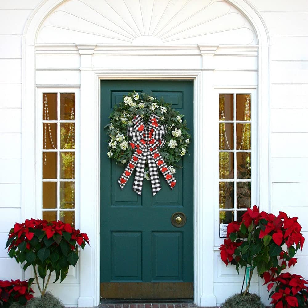 Hying Large Valentine's Day Bows for Wreath, Black White Buffalo Plaid Bows with Glitter Red Hearts for Decorations