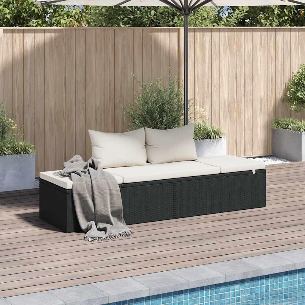 HGKMBRY Outdoor Lounge Bed with Removable Cushion Covers in Black PE Rattan, Black and Cream Design, 76.8 x 23.6 Inches with Multi-Position Backrest