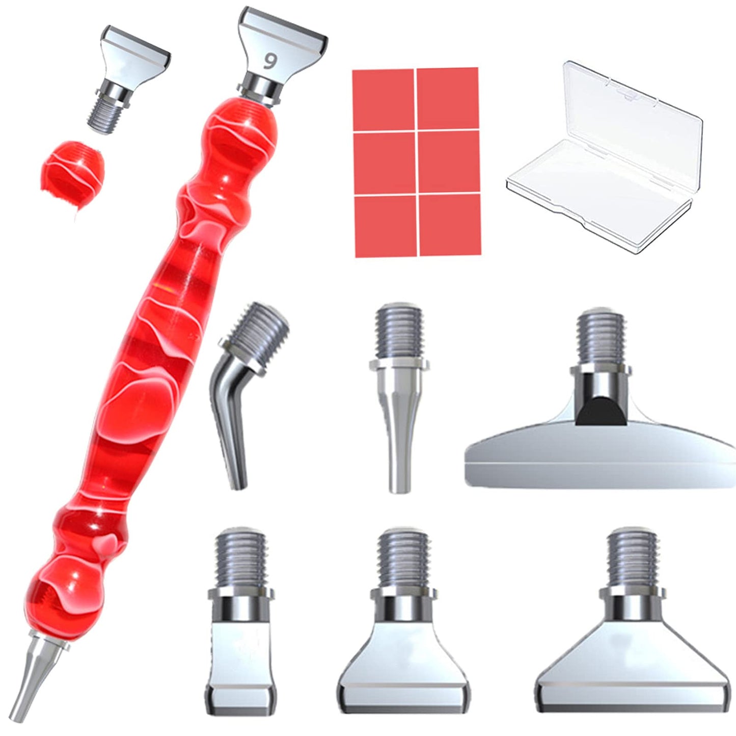LIBIFUN 14pcs Metal Screw Thread Tips Diamond Painting Art Pen Accessories and Tools kit, a Diamond Resin Pen, 6 painting wax, 6 Metal Stainless Steel Tips, Supplies for DIY Craft, Comfort Grip (Red)